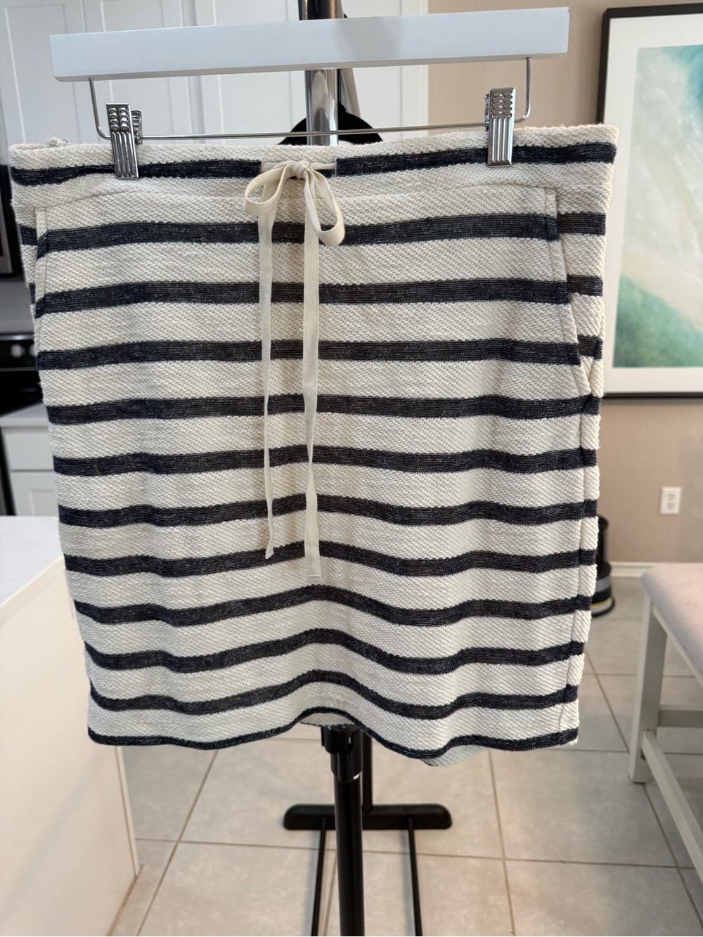 Lou & Grey LOFT Striped Terry Mini Skirt Navy Cream Drawstring XS